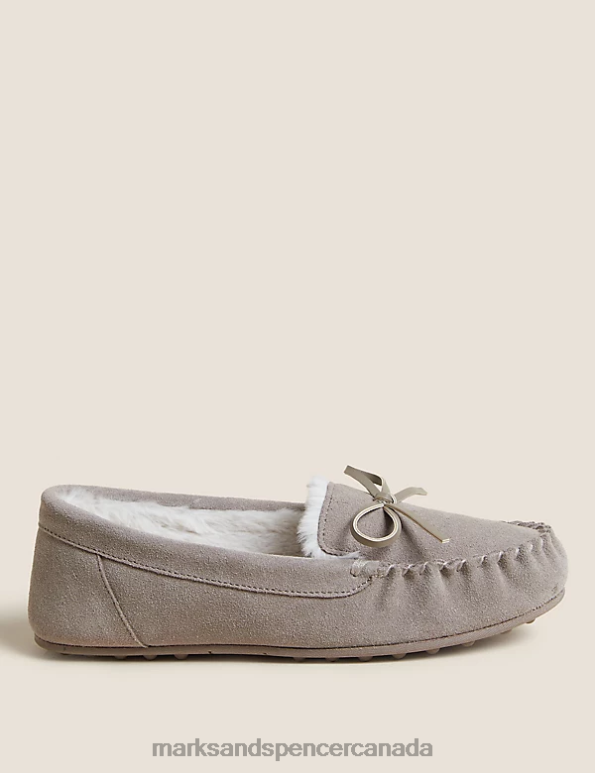 Marks and Spencer Canada - Women Mink Mix Footwear Marks & Spencer Suede Bow Faux Fur Lined Moccasin Slippers 20VTD3472