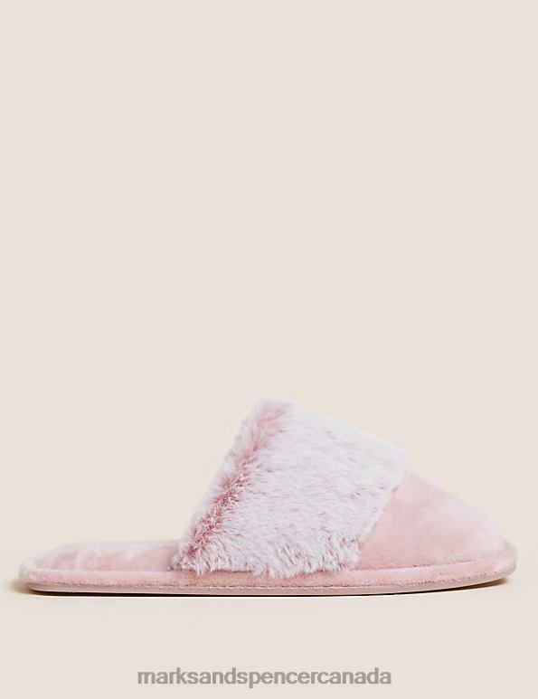 Women Pink Footwear Marks & Spencer Faux Fur Cuff Mule Slippers 20VTD3225 - Marks and Spencer Canada locations