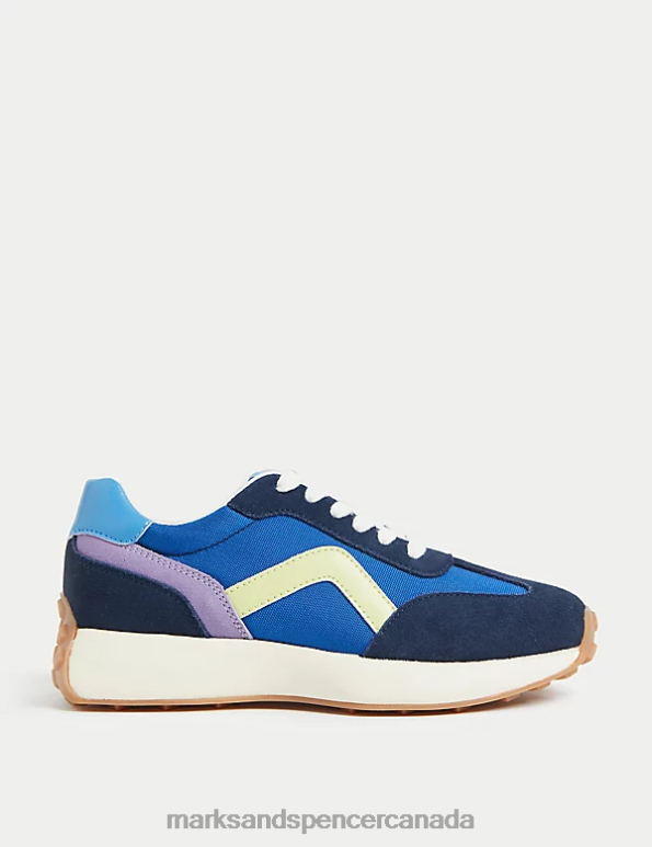 Women Blue Mix Footwear Marks & Spencer Leather Lace Up Side Detail Trainers 20VTD2833 - Marks and Spencer Canada locations