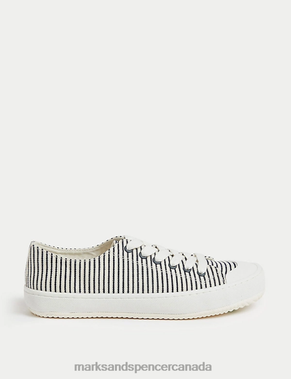 Women Navy Mix Footwear Marks & Spencer Canvas Lace Up Stripe Trainers 20VTD2452 - Marks and Spencer Canada locations