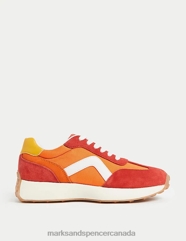 Women Orange Footwear Marks & Spencer Leather Lace Up Side Detail Trainers 20VTD2834 - Marks and Spencer outlet