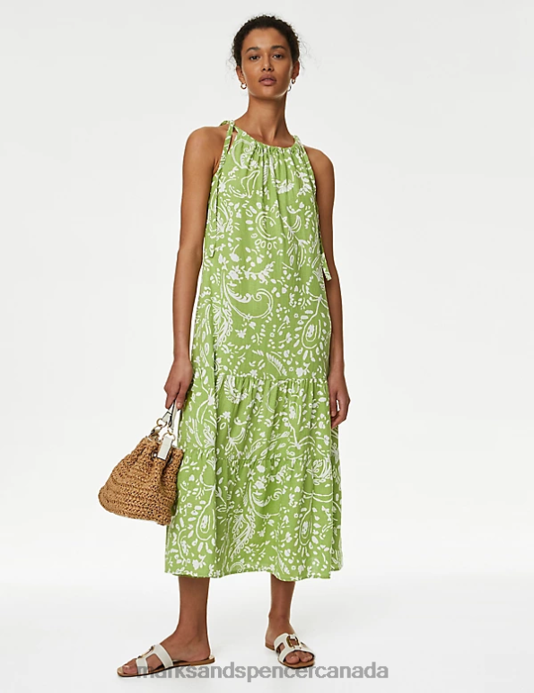 Marks and Spencer Canada - Women Medium Green Swimwear & Beachwear Marks & Spencer Linen Blend Animal Print Maxi Tiered Dress 20VTD2773