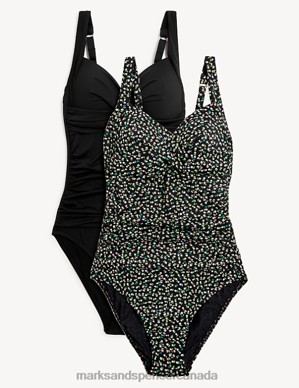 Marks and Spencer Canada - Women Black Mix Swimwear & Beachwear Marks & Spencer 2pk Tummy Control Padded Plunge Swimsuits 20VTD2531