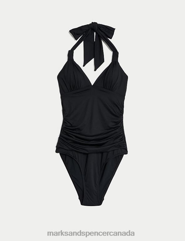 Women Black Swimwear & Beachwear Marks & Spencer Padded Ruched Halterneck Plunge Swimsuit 20VTD435 - Marks and Spencer Canada locations