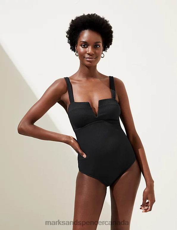 Marks and Spencer sale - Women Black Swimwear & Beachwear Marks & Spencer Tummy Control Ribbed Padded V-Neck Swimsuit 20VTD1710