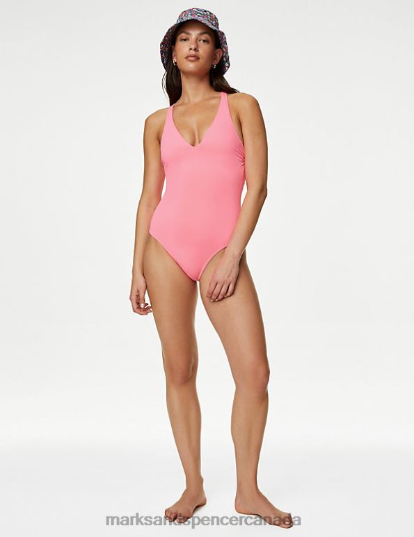 Marks and Spencer Canada - Women Bubblegum Swimwear & Beachwear Marks & Spencer Padded Tie Back Plunge Swimsuit 20VTD2955