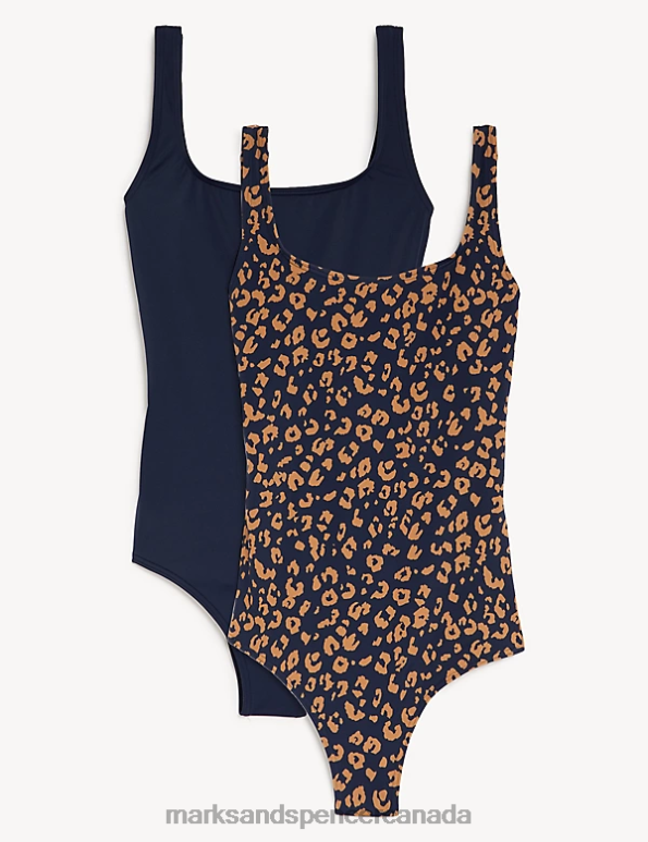 Women Dark Brown Mix Swimwear & Beachwear Marks & Spencer 2 Pack Printed Scoop Neck Swimsuits 20VTD3353 - Marks and Spencer online