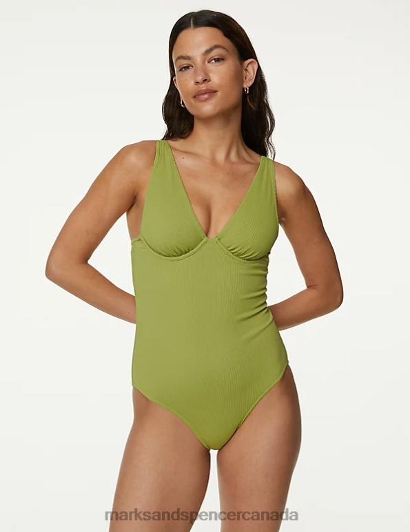 Women Medium Green Swimwear & Beachwear Marks & Spencer Ribbed Wired Plunge Swimsuit 20VTD2502 - Marks and Spencer outlet